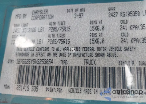 1997 Dodge Dakota Slt/Sport z USA, uszkodzony, nr VIN 1B7GG26Y5VS253054